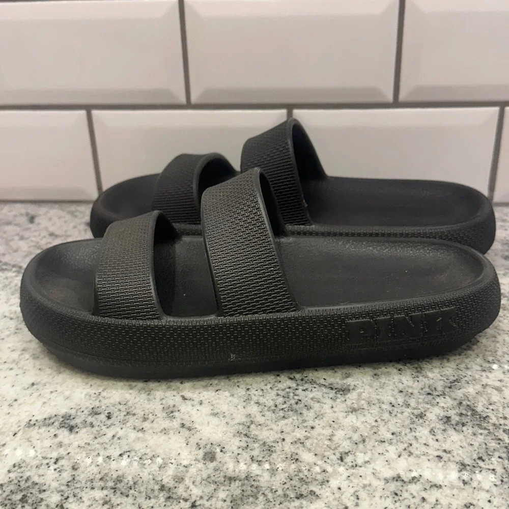 PINK Women M Cloud Slide Sandals Black Strap‎ Victoria Secret Platform Slip